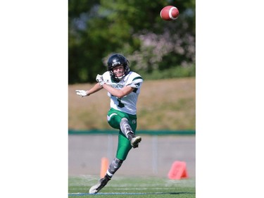 North's Rylan Kleiter kicks the ball during 12 Man Ed Henick Senior Bowl action at SMF Field in Saskatoon on May 23, 2016.