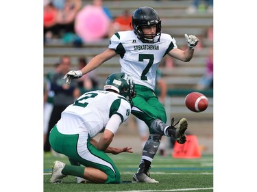 North's Rylan Kleiter kicks the ball during 12 Man Ed Henick Senior Bowl action at SMF Field in Saskatoon on May 23, 2016.