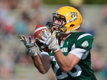 South's Brayden Wagg makes the catch during 12 Man Ed Henick Senior Bowl action at SMF Field in Saskatoon on May 23, 2016.