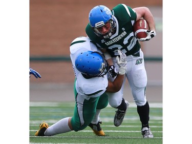 South's Tanner Laliberte gets tackled during 6 Man Ed Henick Senior Bowl action at SMF Field in Saskatoon on May 23, 2016.