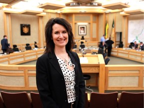 Tiffany Paulsen announces that she will not be seeking re-election during a city council meeting in Saskatoon on May 24, 2016.