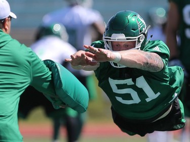 Levi Steinhauer gets some air during day one of Riders training camp at Griffiths Stadium in Saskatoon, May 29, 2016.