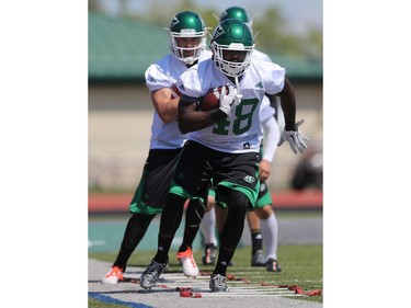 Marvin Golding practices his foot work during day one of Riders training camp at Griffiths Stadium in Saskatoon, May 29, 2016.