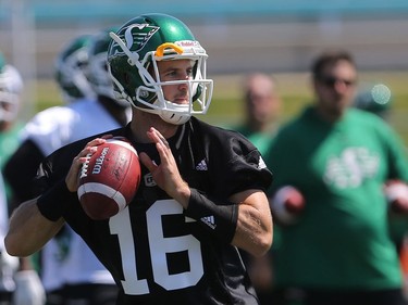 Quarterback Brett Smith eyes up his throw during day one of Riders training camp at Griffiths Stadium in Saskatoon, May 29, 2016.