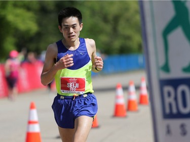 Seiji Yoshimura finishes forth with a time of 2:45:42 at the Saskatchewan Marathon at Deifenbaker Park in Saskatoon on May 29, 2016.