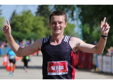 Sergii Vashurin finishes first with a time of 2:31:35 at the Saskatchewan Marathon at Diefenbaker Park in Saskatoon on May 29, 2016.