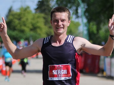 Sergii Vashurin finishes first with a time of 2:31:35 at the Saskatchewan Marathon at Diefenbaker Park in Saskatoon on May 29, 2016.