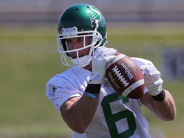 Wide Receiver Rob Bagg catches the ball during day one of Riders training camp at Griffiths Stadium in Saskatoon, May 29, 2016.