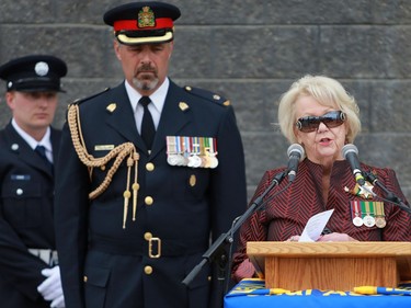 Lieutenant Governor of Saskatchewan Vaughn Solomon Schofield speaks during the memorial of Victor Budz and Dennis Guenter who lost their lives fighting a fire at the Queen's Hotel fire May 31, 1980.