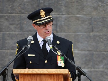 Saskatoon Fire Department Fire Chief Morgan Hackl speaks during the memorial of Victor Budz and Dennis Guenter who lost their lives fighting a fire at the Queen's Hotel fire May 31, 1980.