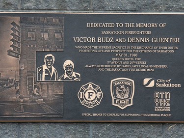 The Saskatoon Fire Fighters IAFF Local 80 honour Victor Budz and Dennis Guenter with a plaque. The two firefighters lost their lives fighting a fire at the Queen's Hotel fire May 31, 1980.