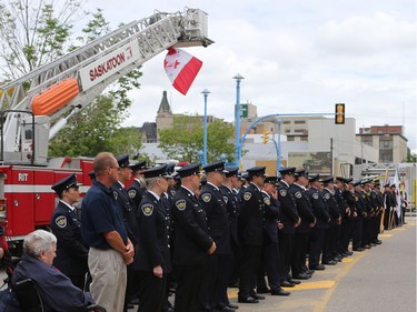 The Saskatoon Fire Fighters IAFF Local 80 honour Victor Budz and Dennis Guenter who lost their lives fighting a fire at the Queen's Hotel fire May 31, 1980.