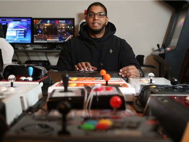 Norman Forrest, who is going to Toronto to compete in a national Street Fighter V competition, has a large collection of fight pads in his Saskatoon home on May 8, 2016.