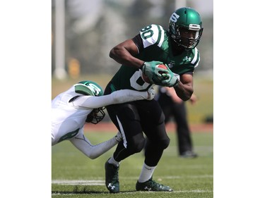 U of S Huskies receiver Julan Lynch runs with the ball during first half action to close out their spring camp at Griffith's Stadium on May 8, 2016.