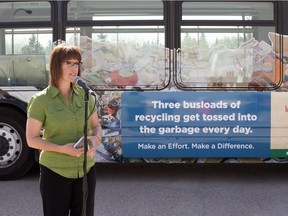 Brenda Wallace, director of environmental and corporate initiatives with the city of Saskatoon, unveiled the Blue Approved recycling campaign at Lawson Recycling Centre on Thursday. The campaign seeks to raise awareness about what materials can be recycled and how people can help the city meet its waste diversion goals.