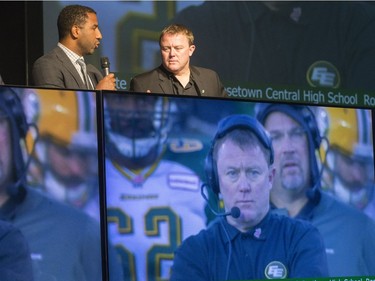 CFL on TSN analyst Jock Climie and Riders head coach Chris Jones during the annual Huskies Dog's Breakfast event at Prairieland Park, May 5, 2016.