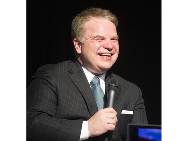 CFL on TSN host Rod Smith during the annual Huskies Dog's Breakfast event at Prairieland Park, May 5, 2016.