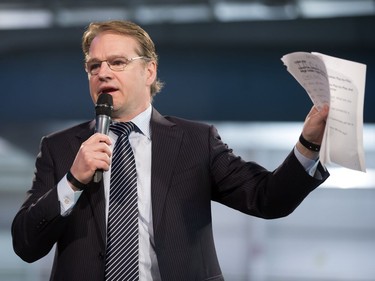 Glen Suitor acts as MC during the annual Huskies Dog's Breakfast event at Prairieland Park, May 5, 2016.