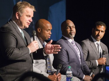 L-R: Sports dignitaries, including CFL on TSN host Rod Smith, Kerry Joseph,  FL on TSN analyst Duane Ford and CFL on TSN analyst Jock Climie on stage during the annual Huskies Dog's Breakfast event at Prairieland Park, May 5, 2016.