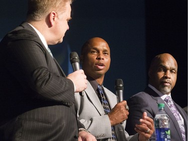 L-R: Sports dignitaries, including CFL on TSN host Rod Smith, Kerry Joseph and CFL on TSN analyst Duane Ford on stage during the annual Huskies Dog's Breakfast event at Prairieland Park, May 5, 2016.