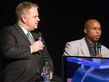 Sports dignitaries, including CFL on TSN host Rod Smith (L) and Kerry Joseph on stage during the annual Huskies Dog's Breakfast event at Prairieland Park, May 5, 2016.