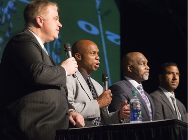 L-R: Sports dignitaries, including CFL on TSN host Rod Smith, Kerry Joseph, CFL on TSN analyst Duane Ford and CFL on TSN analyst Jock Climie on stage during the annual Huskies Dog's Breakfast event at Prairieland Park, May 5, 2016.