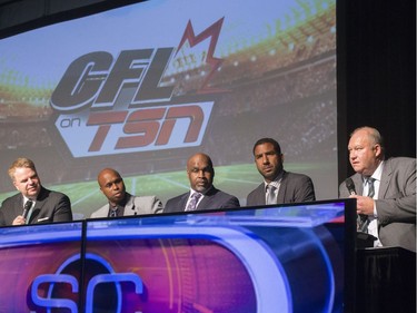 L-R: Sports dignitaries, including CFL on TSN host Rod Smith, Kerry Joseph, CFL on TSN analyst Duane Ford, CFL on TSN analyst Jock Climie and Huskies head coach Brian Towriss, on stage during the annual Huskies Dog's Breakfast event at Prairieland Park, May 5, 2016.