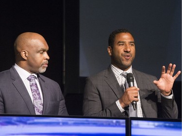 L-R: CFL on TSN analyst Duane Ford and CFL on TSN analyst Jock Climie on stage during the annual Huskies Dog's Breakfast event at Prairieland Park, May 5, 2016.