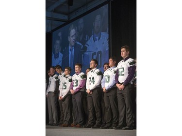 Recruits are welcomed on stage after being welcomed by Huskies head coach Brian Towriss during the annual Huskies Dog's Breakfast event at Prairieland Park, May 5, 2016.