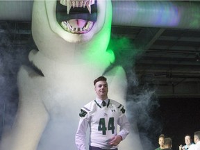 Recruit Nicholas Dheilly is introduced during the annual Huskies Dogs' Breakfast at Prairieland Park on Thursday.