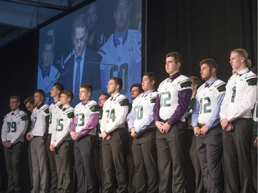 Recruits are welcomed on stage after being welcomed by Huskies head coach Brian Towriss during the annual Huskies Dog's Breakfast event at Prairieland Park, May 5, 2016.