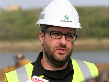 Media were given a tour of work progressing on the north commuter bridge and link to McOrmond Drive, May 18, 2016. Dan Willems, with infrastructure services for the City of Saskatoon speaks about the project.