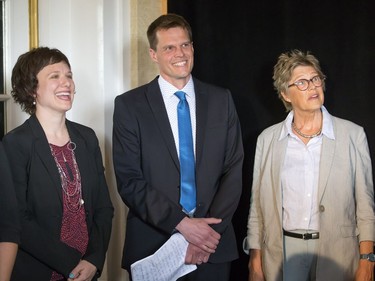 Charlie Clark, with wife Sarah Buhler and mother Jane Ritchie, announced his bid for mayor during a packed event at the Bessborough Hotel, May 18, 2016.