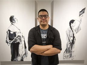 Chris Scott poses with his work entitled Cultural Beauty, at the Gordon Snelgrove Gallery on the U of S campus, as part of the SCYAP Urban Canvas installation Cats, Ninjas, Mermaids, Serial Killers and Poutine , Thursday, May 19, 2016.