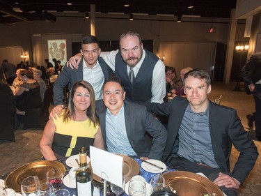 L-R: (Back) Gabriel Irinic, Quinn Magnuson, (Front) Terii Parent, Ronnell Francisco and Jay Solvason are on the scene at the SABEX awards at Prairieland Park in Saskatoon, May 19, 2016.