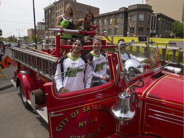 The Saskatchewan Rush of the National Lacrosse League held a noon-hour rally on 21st Street East in Saskatoon, May 20, 2016, in a lead up to their weekend battle with the Calgary Roughnecks. Food trucks and other festivities were featured for fans, as well as an attendance by a number of players.