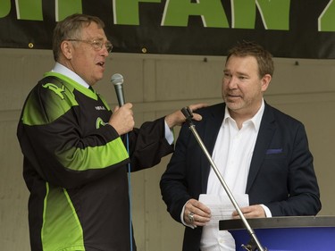 The Saskatchewan Rush of the National Lacrosse League held a noon-hour rally on 21st Street East in Saskatoon, May 20, 2016, in a lead up to their weekend battle with the Calgary Roughnecks. Food trucks and other festivities were featured for fans, as well as an attendance by a number of players. Mayor Don Atchison with team President Lee Genier.
