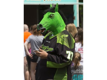 The Saskatchewan Rush of the National Lacrosse League held a noon-hour rally on 21st Street East in Saskatoon, May 20, 2016, in a lead up to their weekend battle with the Calgary Roughnecks. Food trucks and other festivities were featured for fans, as well as an attendance by a number of players. Cody James Stranger came dressed in a horse head.