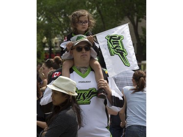 The Saskatchewan Rush of the National Lacrosse League held a noon-hour rally on 21st Street East in Saskatoon, May 20, 2016, in a lead up to their weekend battle with the Calgary Roughnecks. Food trucks and other festivities were featured for fans, as well as an attendance by a number of players.