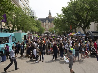 The Saskatchewan Rush of the National Lacrosse League held a noon-hour rally on 21st Street East in Saskatoon, May 20, 2016, in a lead up to their weekend battle with the Calgary Roughnecks. Food trucks and other festivities were featured for fans, as well as an attendance by a number of players.