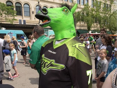 The Saskatchewan Rush of the National Lacrosse League held a noon-hour rally on 21st Street East in Saskatoon, May 20, 2016, in a lead up to their weekend battle with the Calgary Roughnecks. Food trucks and other festivities were featured for fans, as well as an attendance by a number of players. Cody James Stranger came dressed in a horse head.