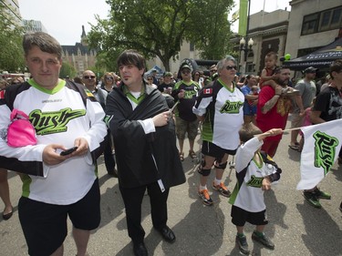 The Saskatchewan Rush of the National Lacrosse League held a noon-hour rally on 21st Street East in Saskatoon, May 20, 2016, in a lead up to their weekend battle with the Calgary Roughnecks. Food trucks and other festivities were featured for fans, as well as an attendance by a number of players.