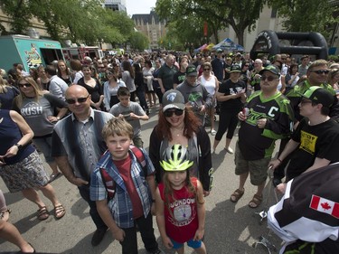 The Saskatchewan Rush of the National Lacrosse League held a noon-hour rally on 21st Street East in Saskatoon, May 20, 2016, in a lead up to their weekend battle with the Calgary Roughnecks. Food trucks and other festivities were featured for fans, as well as an attendance by a number of players.