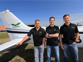 Mitchinson Flight Centre owners, left to right. Dale Tiedeman, Dan Glass, and Jim Guenther at the business, Friday, May 27, 2016. Mitchinson is celebrating its 70th anniversary.