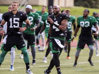 Quarterback Darian Durant (C) during Saskatchewan Roughriders training camp at Griffiths Stadium, May 30, 2016.