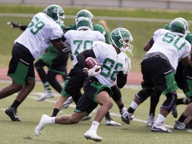 Wide receiver Marquez Clark runs for daylight during Saskatchewan Roughriders training camp at Griffiths Stadium, May 30, 2016.