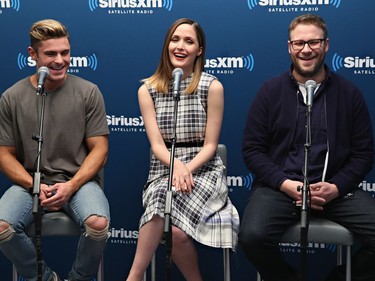 L-R: Actors Zac Efron, Rose Byrne and Seth Rogen participate in SiriusXM's Town Hall with the cast of "Neighbors 2: Sorority Rising" at SiriusXM Studios on May 18, 2016 in New York.