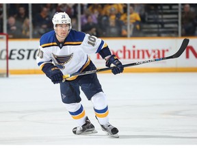 Scottie Upshall #10 of the St. Louis Blues skates against the Nashville Predators during an NHL game at Bridgestone Arena on February  27, 2016 in Nashville, Tennessee.