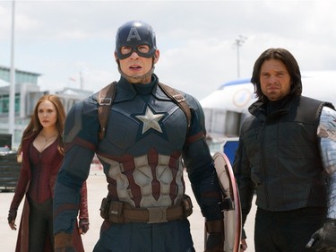 L-R: Elizabeth Olsen, Chris Evans and Sebastian Stan star in Marvel's "Captain America: Civil War."