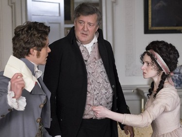 L-R: Xavier Samuel, Stephen Fry and Jenn Murray star in "Love & Friendship."